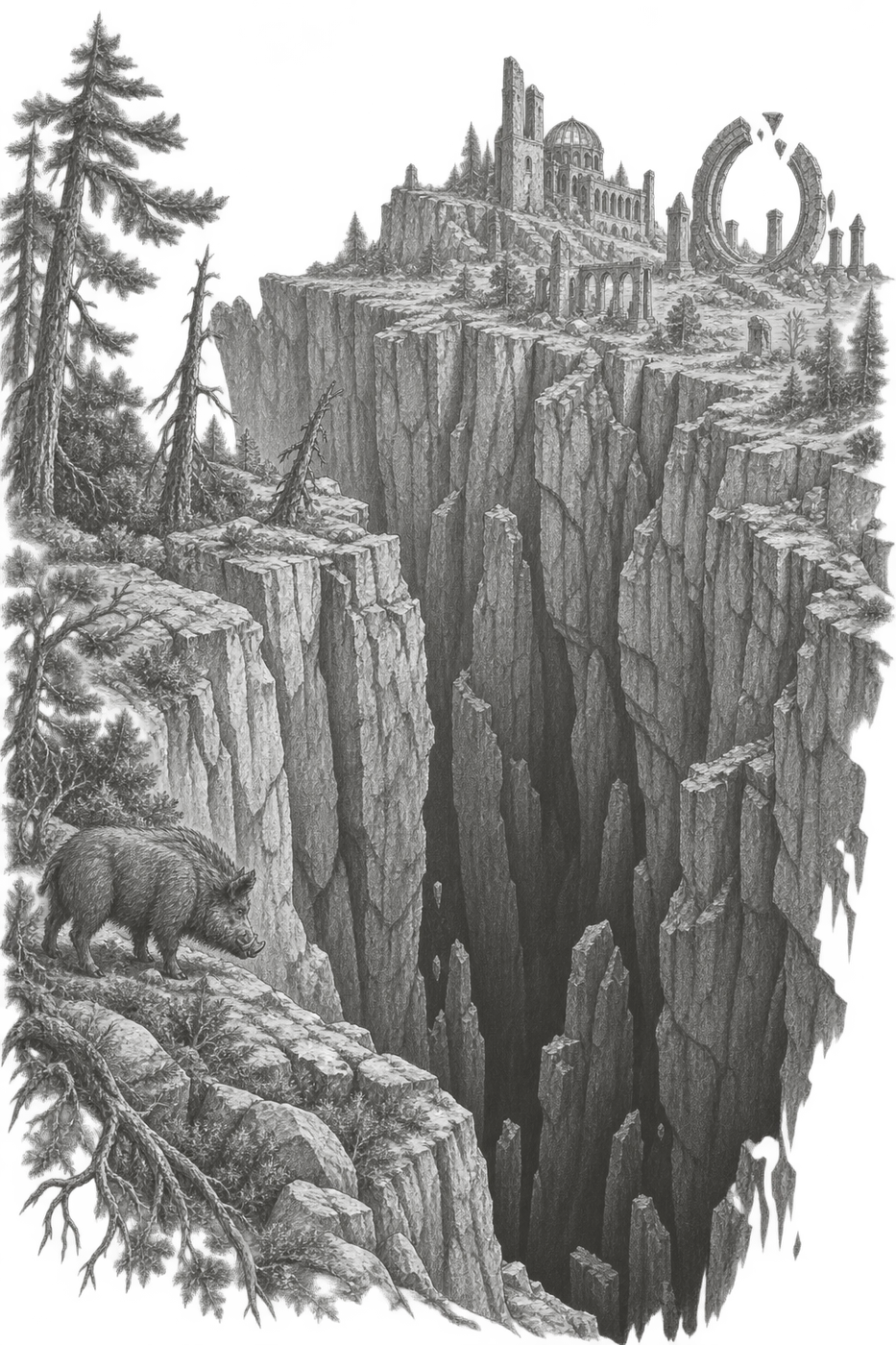 The abandoned human complex beyond the Rift, illustrated in the game's storybook