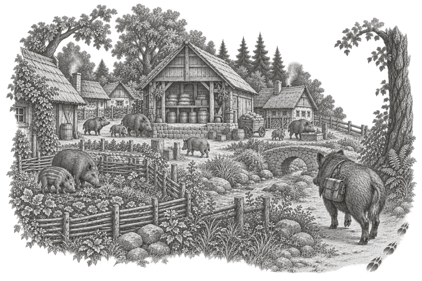 An illustration from the Boaradise storybook, showing the boars' forest world